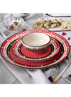 Caffeine Caffeine Ceramc Handmade Red & Black Dot Combo Dinner Set of 14 Pcs. (4 Dinner Plate, 4 Quarter Plate, 4 Katori Bowl, 2 Serving Bowl)  - Image 2