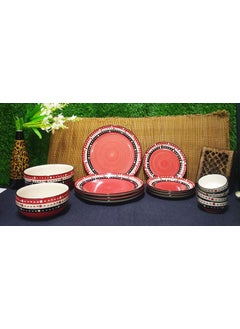 Caffeine Caffeine Ceramc Handmade Red & Black Dot Combo Dinner Set of 14 Pcs. (4 Dinner Plate, 4 Quarter Plate, 4 Katori Bowl, 2 Serving Bowl)  - Image 4