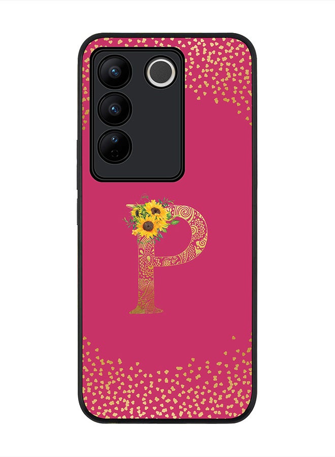 Stylizedd Rugged Black Edge case for Vivo V27 / Vivo V27 Pro / Vivo S16, Slim fit Custom Monogram Initial Letter Mandala Floral Pattern Alphabet-P (Dark Pink Rose) - Image 1