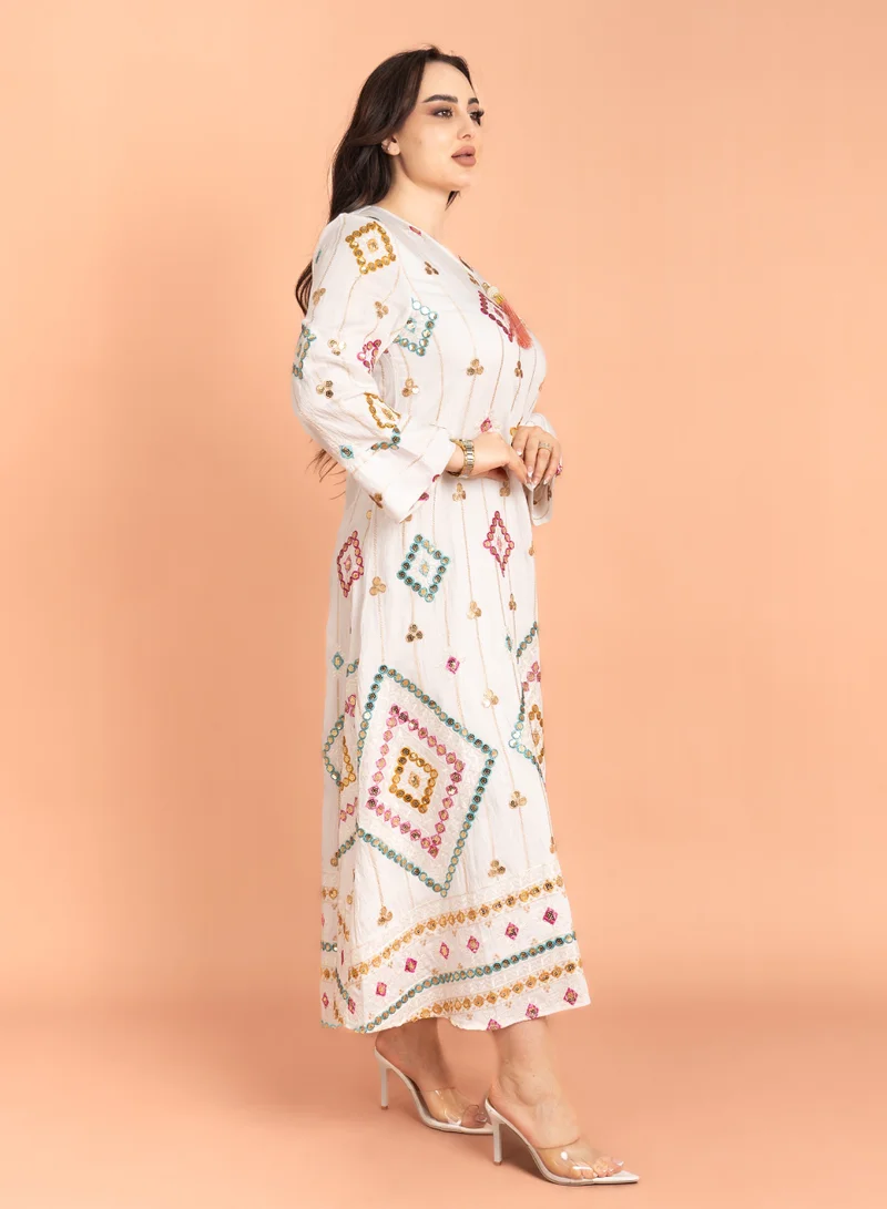 IKKXA Geometric Patterns Sparkled Jalabiya IK2016 White