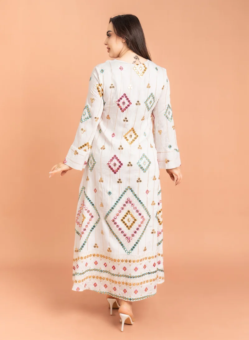 IKKXA Geometric Patterns Sparkled Jalabiya IK2016 White
