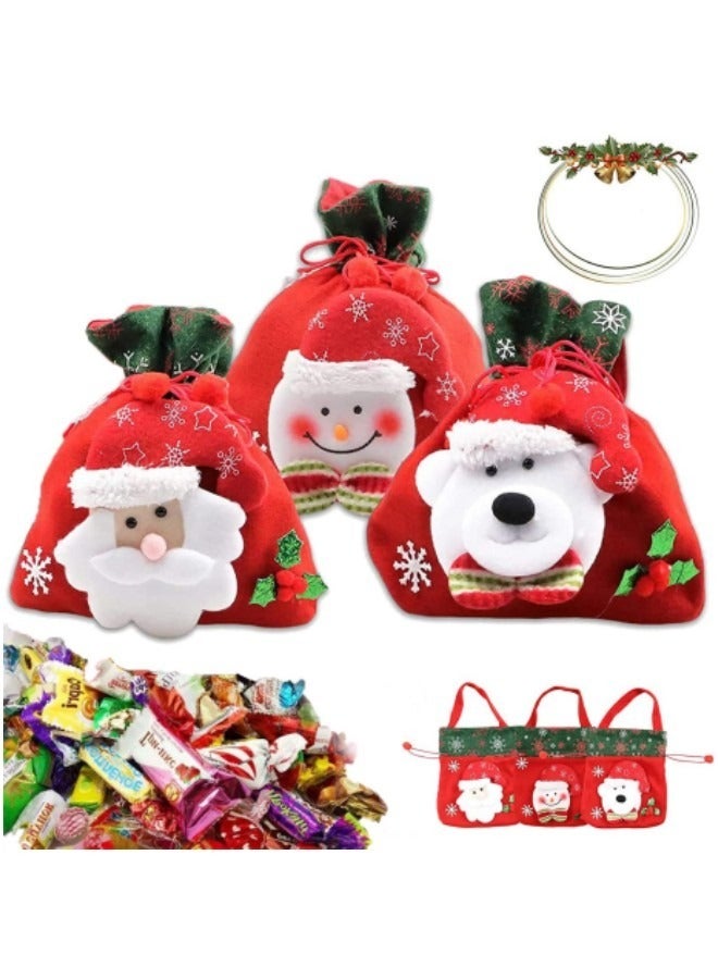 CCOVERY Drawstrings Gift Bags, Reusable Fabric 3D Festival Goodie Bags Set of 3, Snowman Elk Wrapping Bags - Image 1