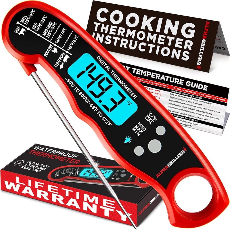 Alpha Grillers Instant Read Meat Thermometer for Cooking Grill and BBQ Griddle - Waterproof w/Backlight & Calibration for Food, Oven, Air Fryer Accessories, Kitchen Essentials, Stocking Stuffer Gifts - Image 1