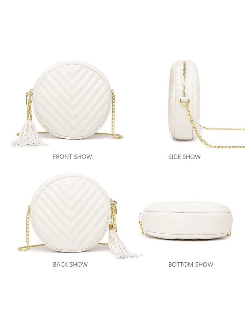 Excefore Crossbody Bags for Women Round Purse Quilted purse, Faux Leather, with Tassel - Image 4
