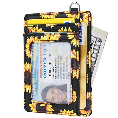 Coco Rossi Slim Front Pocket Wallet RFID Blocking Minimalist Credit Card Holder Wallet with D-Shackle for Women,Sunflower - Image 2