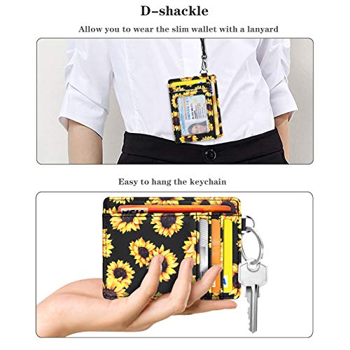 Coco Rossi Slim Front Pocket Wallet RFID Blocking Minimalist Credit Card Holder Wallet with D-Shackle for Women,Sunflower - Image 5