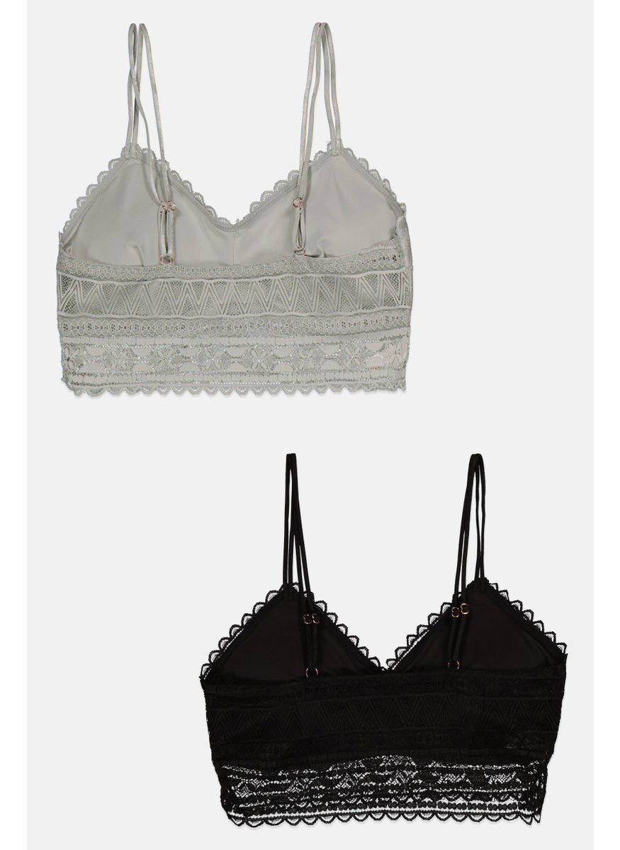 Danskin Women 2 Pcs Padded Unlined Lace Bralette, Black  - Image 2