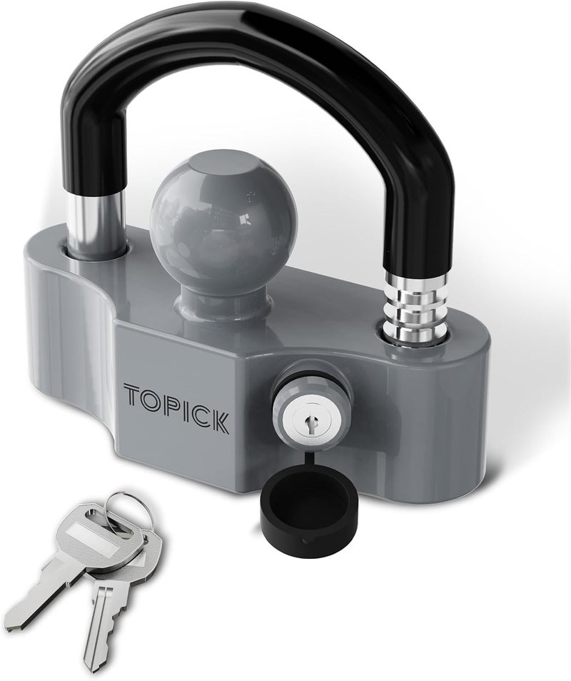 Topick Heavy-Duty Trailer Coupler Lock with PVC-Coated U-Bolt, Universal Fit for 1-7/8", 2", 2-5/16" Hitch Couplers, Anti-Theft Security for RV, Boat, Utility Trailers, Grey - Image 1
