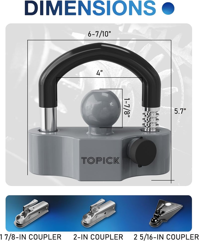 Topick Heavy-Duty Trailer Coupler Lock with PVC-Coated U-Bolt, Universal Fit for 1-7/8", 2", 2-5/16" Hitch Couplers, Anti-Theft Security for RV, Boat, Utility Trailers, Grey - Image 2