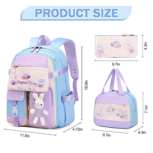 FIXITOK Girls Backpack Set, 3PCS Kids Backpacks for Girl, Cute Bunny School Backpack for Girls Kids Teen Kindergarten Elementary Preschool Middle School Bags with Lunch Box Pencil Case Blue - Image 2