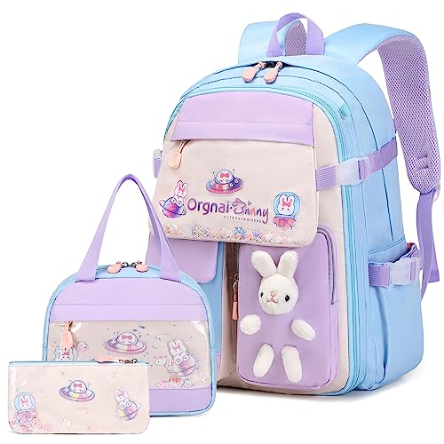 FIXITOK Girls Backpack Set, 3PCS Kids Backpacks for Girl, Cute Bunny School Backpack for Girls Kids Teen Kindergarten Elementary Preschool Middle School Bags with Lunch Box Pencil Case Blue - Image 1