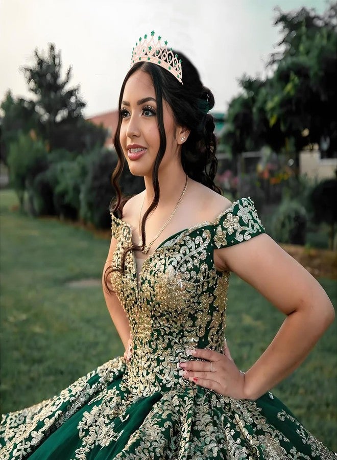 CUBACO Green Crown for Women Crystal Tiaras for Women Queen Crown Princess Crowns Green Gold Tiara Star Moon Headband Headpiece for Birthday Party Wedding Prom Halloween - Image 2