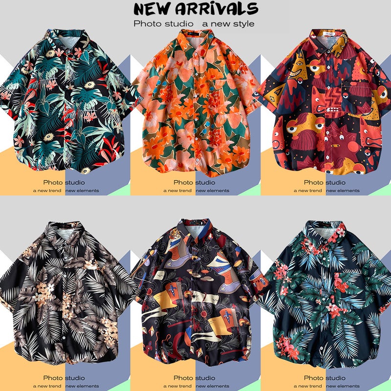 2022 Hawaiian Flower Shirt Men's and Women's Hong Kong Style chic Retro Trendy Casual Loose Beach Travel Short Sleeve Shirt - Image 4