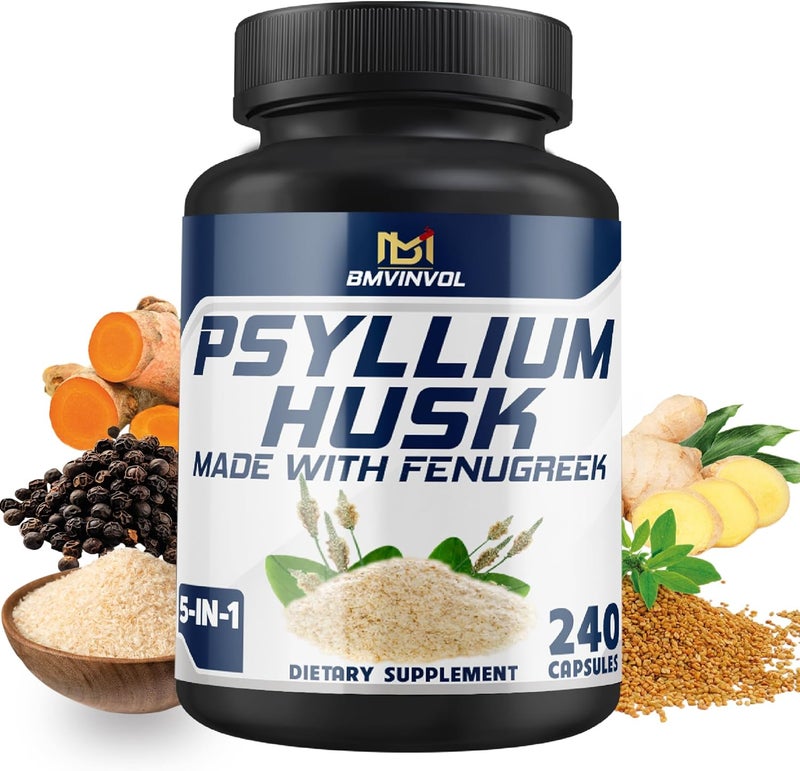 BMVINVOL Psyllium Husk Capsules Fiber Supplement with Fenugreek Turmeric Ginger Black Pepper  Support Digestive System Intestinal Health  240 Count for 4 Month Supply - Image 1