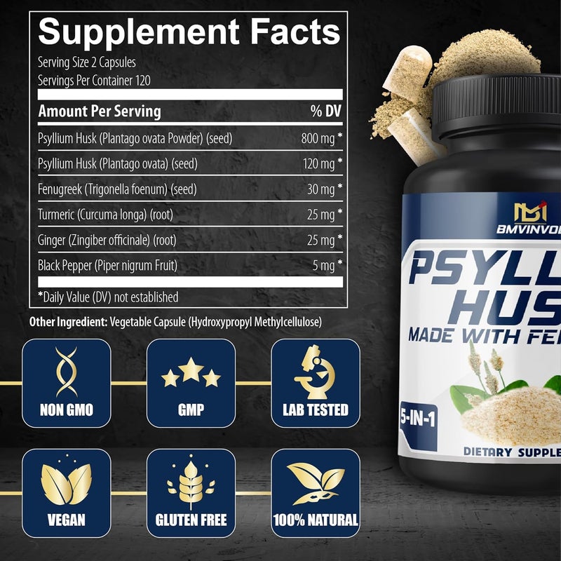 BMVINVOL Psyllium Husk Capsules Fiber Supplement with Fenugreek Turmeric Ginger Black Pepper  Support Digestive System Intestinal Health  240 Count for 4 Month Supply - Image 2