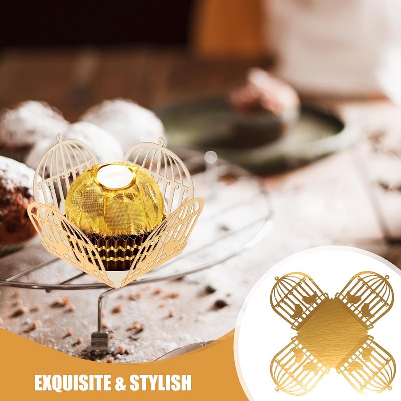 HOOWIFFY 50pcs Decorative Chocolate Candy Boxes with Truffle Wrappers Gold Hollow Love Bird Cage Design for Wedding Party Dessert Packaging - Image 4