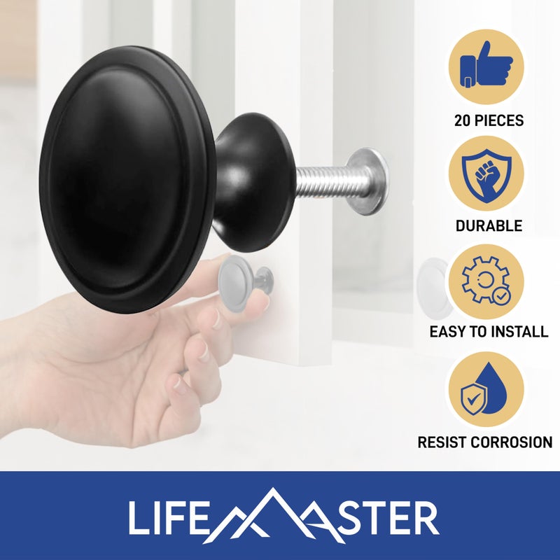Lifemaster 20pcs 1-1/4 Matte Black Cabinet Knobs - Rust-Proof, Modern Design, Strong Zinc Alloy, Drawer Pulls with Short and Adjustable Screws - Stylish Handles for Kitchen, Dresser, and Cabinets - Image 3