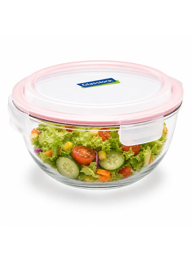 Glasslock Glass Mixing Bowl 2000ml Tempered Glass Airtight BPA Free Locking Lid Microwave Fridge Freezer Dishwasher Safe Clear Salad Soup Bowl Pink - Image 1