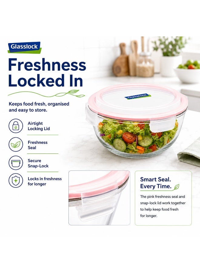 Glasslock Glass Mixing Bowl 2000ml Tempered Glass Airtight BPA Free Locking Lid Microwave Fridge Freezer Dishwasher Safe Clear Salad Soup Bowl Pink - Image 2