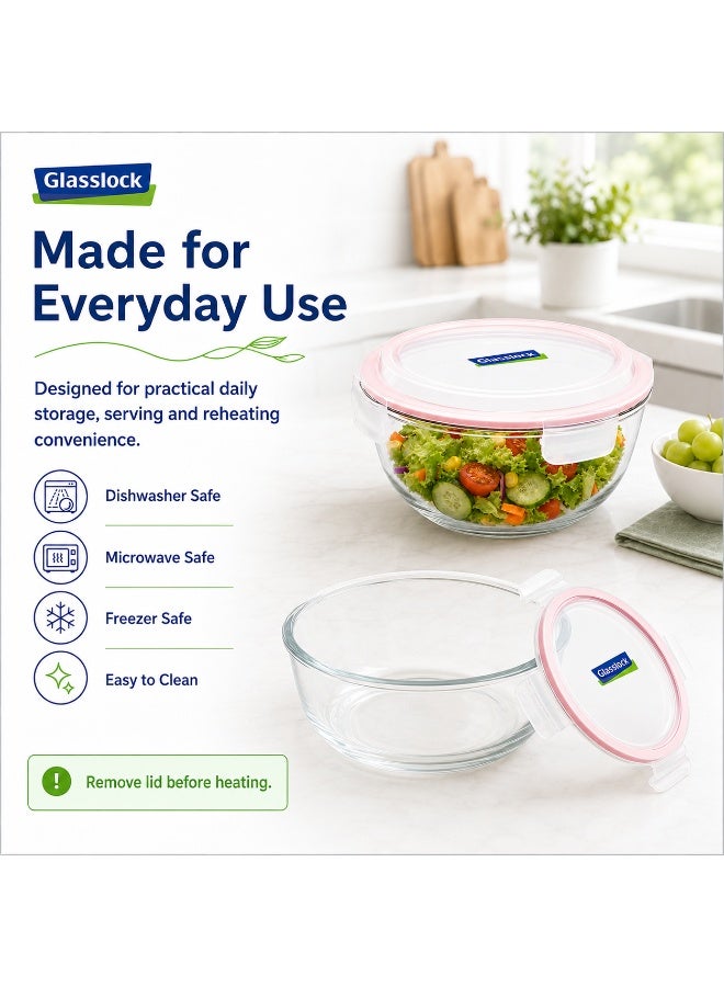 Glasslock Glass Mixing Bowl 2000ml Tempered Glass Airtight BPA Free Locking Lid Microwave Fridge Freezer Dishwasher Safe Clear Salad Soup Bowl Pink - Image 4