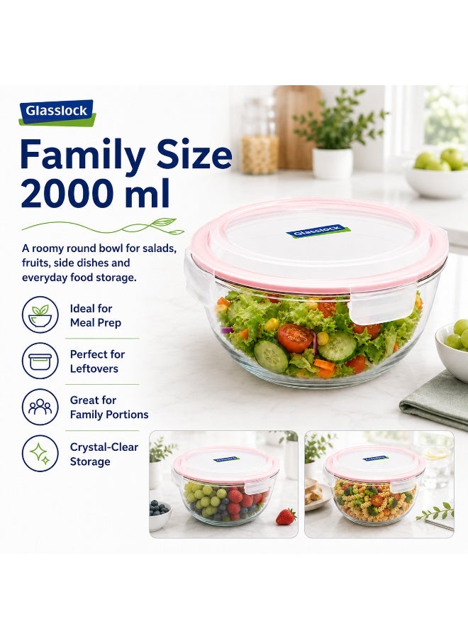 Glasslock Glass Mixing Bowl 2000ml Tempered Glass Airtight BPA Free Locking Lid Microwave Fridge Freezer Dishwasher Safe Clear Salad Soup Bowl Pink - Image 3