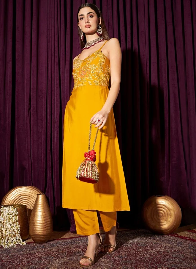 Indo Street Floral Yoke Design Sleeveless Kurta Set for Women