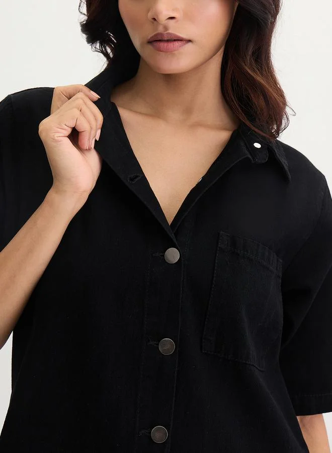 Femmella  Black Denim Knee Length Shirt Dress for Women | Best Price UAE