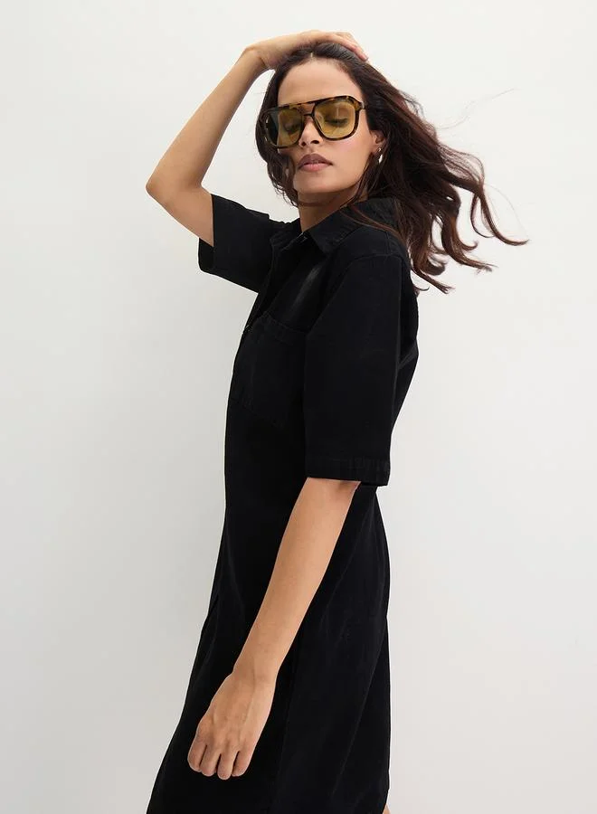 Femmella  Black Denim Knee Length Shirt Dress for Women | Best Price UAE