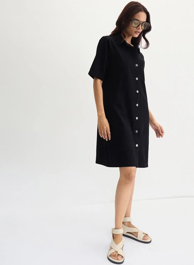 Femmella  Black Denim Knee Length Shirt Dress for Women | Best Price UAE