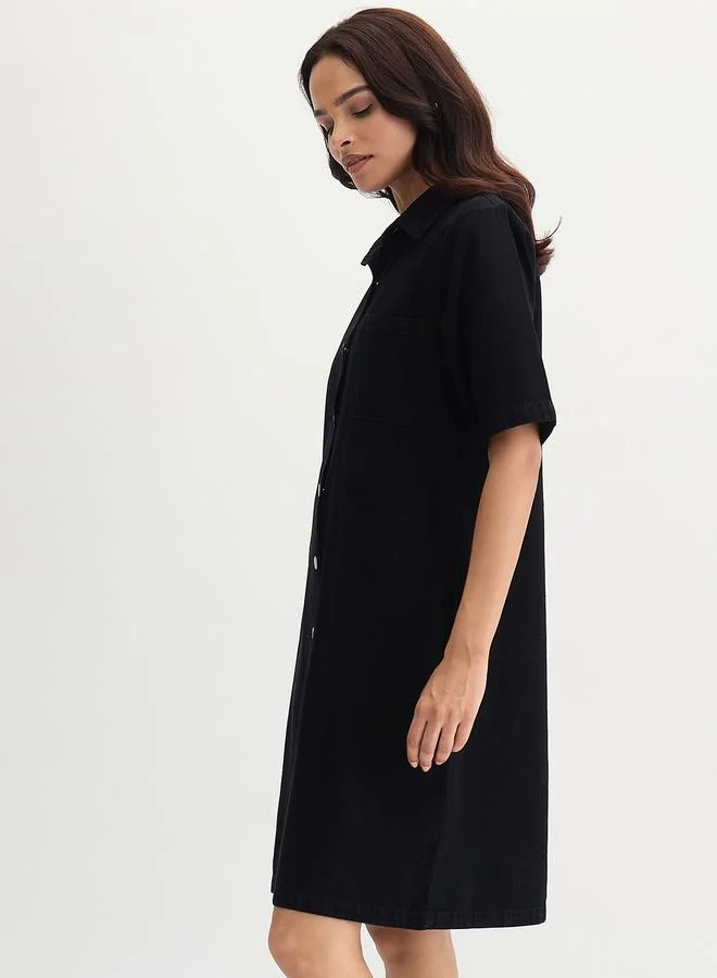 Femmella Black Denim Knee Length Shirt Dress
