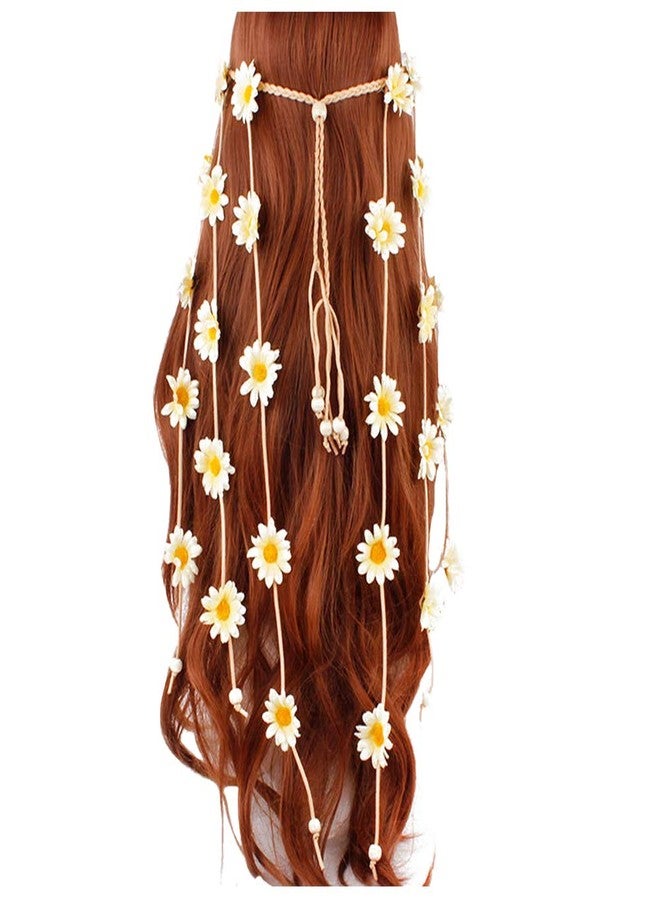 WLBON Halloween Sunflower Headband Hippie Boho Daisy Flower Hair Hoops Bands Crown Floral Wreath Headpiece Hairband Women Wedding Holiday Festival Cosplay Dress Up Birthday Party Accessories Beige - Image 1