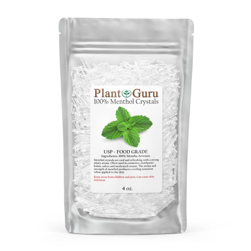 Plant Guru بلورات المنثول 4 أونصات من النعناع البري 100% طبيعي من الدرجة الغذائية USP ممتازة للاستخدام في مستحضرات التجميل والمراهم والبلسم والكريمات وصناعة الصابون