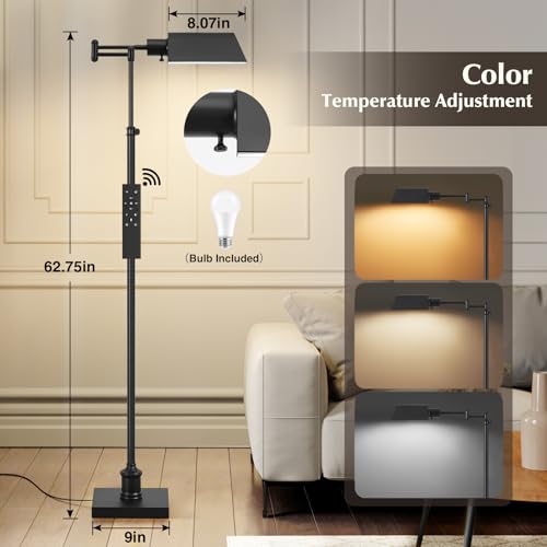 GyroVu Traditional Height Adjustable Pharmacy Floor Lamp with 350° Swing Arm, Color Temperature Adjustable Standing Lamp Metal Shade for Living Room Reading House Bedroom Home Office(Black) - Image 2