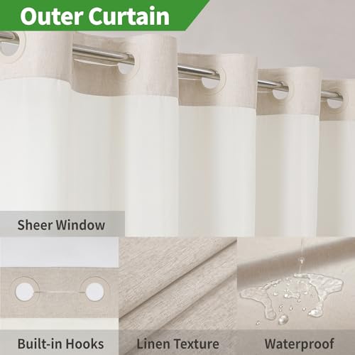 eachope Long No Hooks Needed Linen Textured Shower Curtain with Snap-in Fabric Liner Set,Cream Hotel Luxury Decor Shower Curtains for Bathroom,Waterproof & Washable,71Wx80H - Image 3