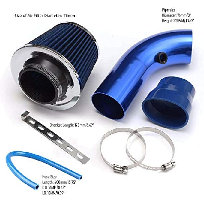 RASNONE 3 Inch Universal Cold Air Intake Kit, Aluminum Induction Flow Hose Pipe Kit with Air Filter (Blue) - Image 3