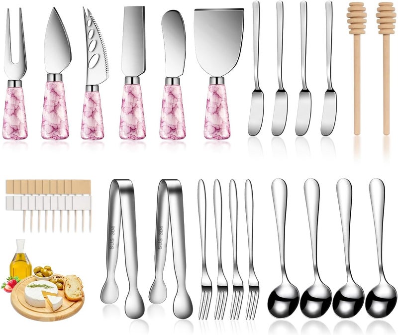 LifeMusican Marble Pink Cheese Knife Set Ceramic Handle Charcuterie Board Accessories  Butter Spreader Cheese Slicer Serving Tongs Spoons Forks Flags Wooden Honey Dipper - Image 1