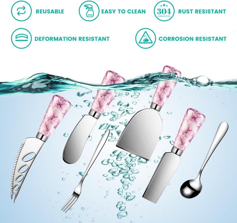LifeMusican Marble Pink Cheese Knife Set Ceramic Handle Charcuterie Board Accessories  Butter Spreader Cheese Slicer Serving Tongs Spoons Forks Flags Wooden Honey Dipper - Image 3