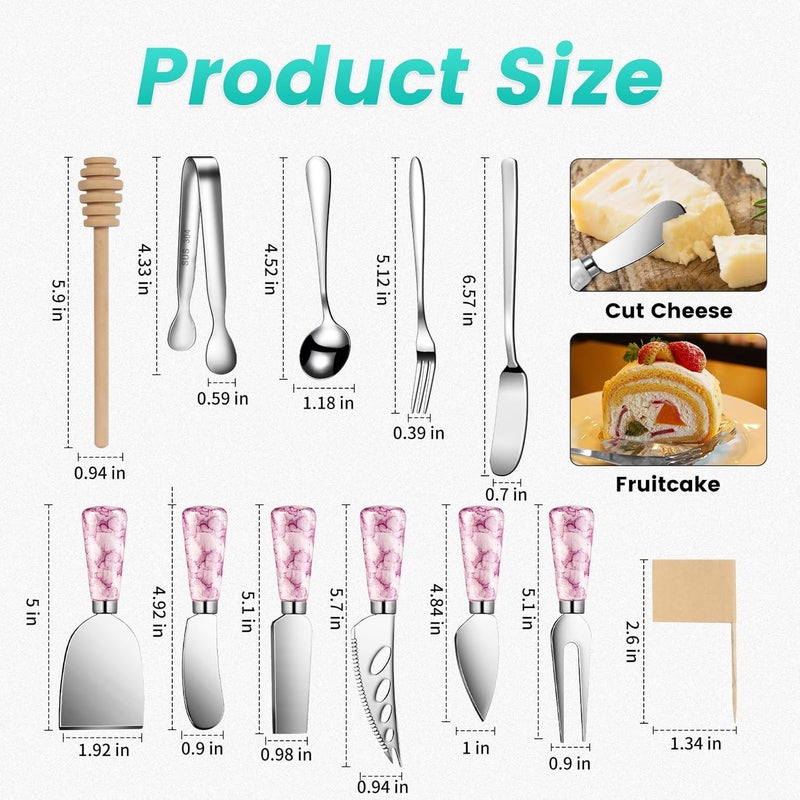 LifeMusican Marble Pink Cheese Knife Set Ceramic Handle Charcuterie Board Accessories  Butter Spreader Cheese Slicer Serving Tongs Spoons Forks Flags Wooden Honey Dipper - Image 2