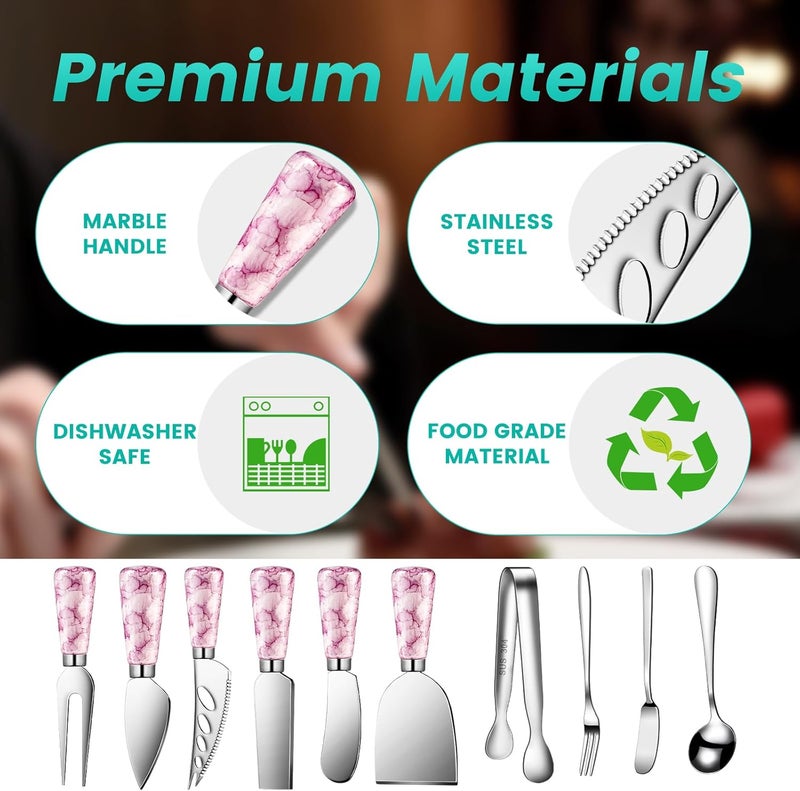 LifeMusican Marble Pink Cheese Knife Set Ceramic Handle Charcuterie Board Accessories  Butter Spreader Cheese Slicer Serving Tongs Spoons Forks Flags Wooden Honey Dipper - Image 4
