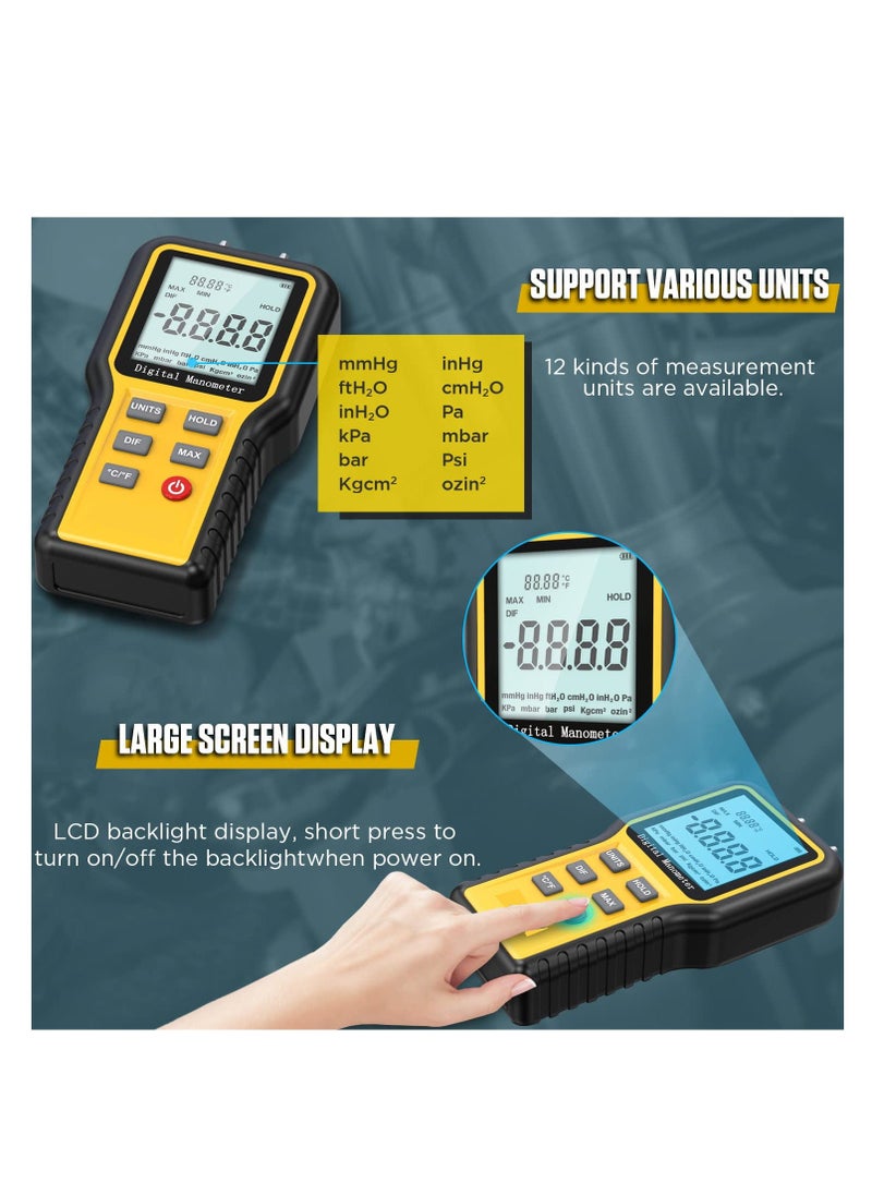 Manometer Professional Digital Display Manometer Gas Pressure Tester Handheld Hvac Dual Port Manometer 12 Selectable Units Differential Pressure Gauge, ±20.68kpa
