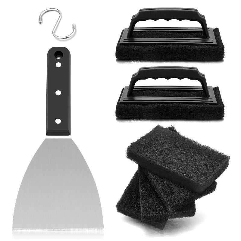 HaSteeL Griddle Cleaning Kit 7PCS Flat Top Grilling Cleaner Tools Set Metal Dough Scraper Cleaning Brush with Handle Scouring Pads for BBQ Cast Iron Kitchen Cookware Stovetops Hot  Cold Surfaces