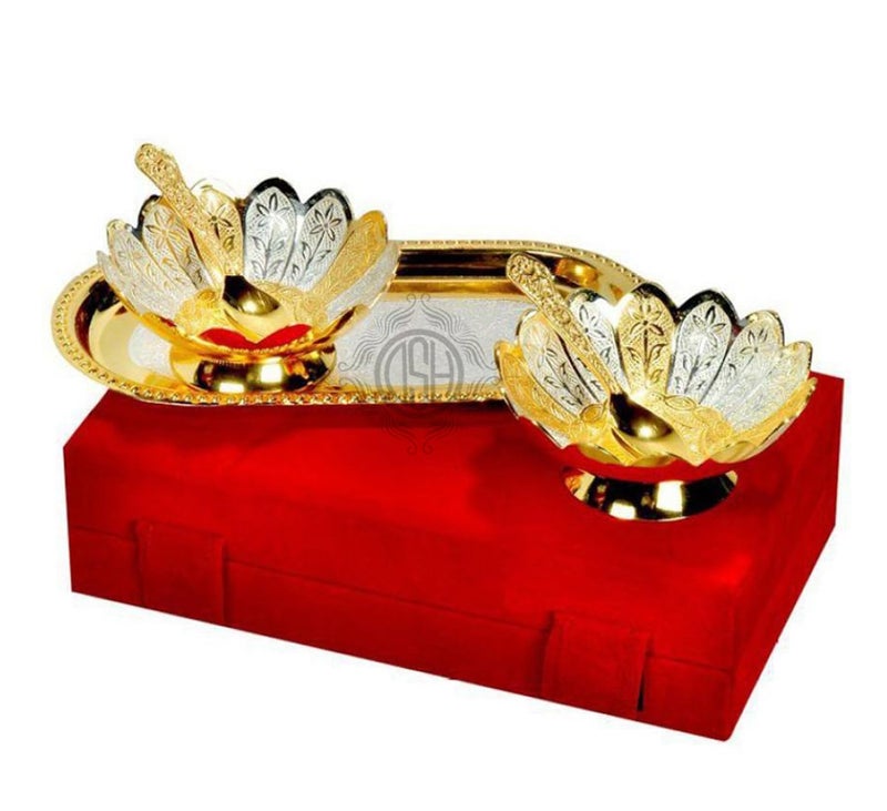 DSH Silver and Gold Plated Floral Bowl Set with Serving Spoons and Tray Used for Dry Fruit, Sweets Home Decor Item with Velvet Box - Image 2