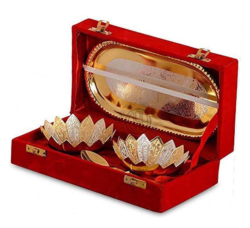 DSH Silver and Gold Plated Floral Bowl Set with Serving Spoons and Tray Used for Dry Fruit, Sweets Home Decor Item with Velvet Box - Image 1