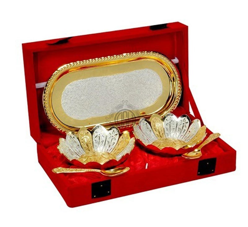 DSH Silver and Gold Plated Floral Bowl Set with Serving Spoons and Tray Used for Dry Fruit, Sweets Home Decor Item with Velvet Box - Image 4