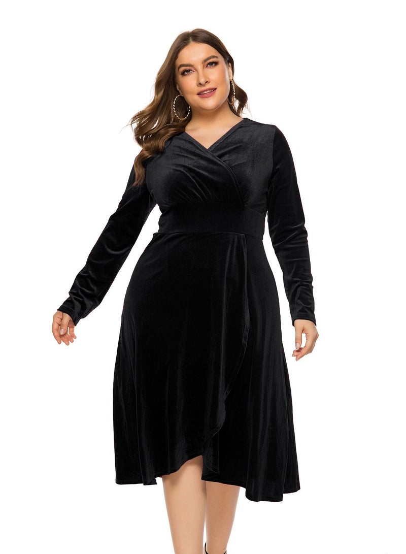 Loquat Plus-size Women's Spring new V-neck Long-sleeved Dress Black  - Image 1