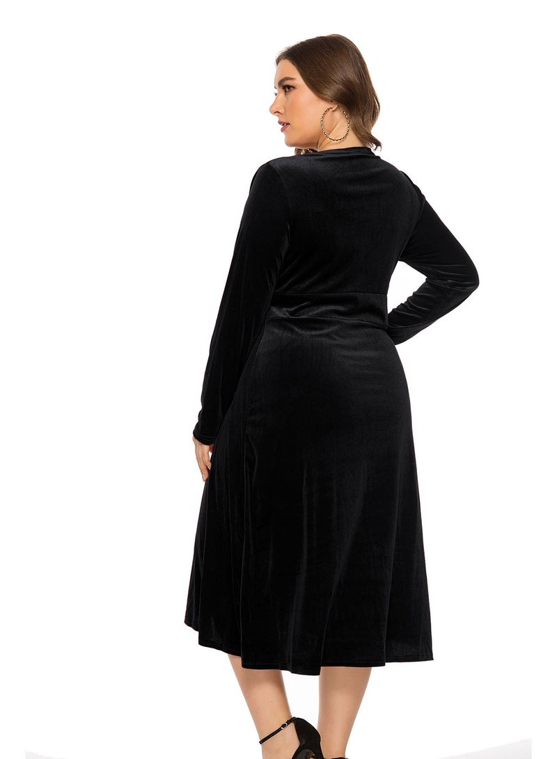 Loquat Plus-size Women's Spring new V-neck Long-sleeved Dress Black  - Image 2