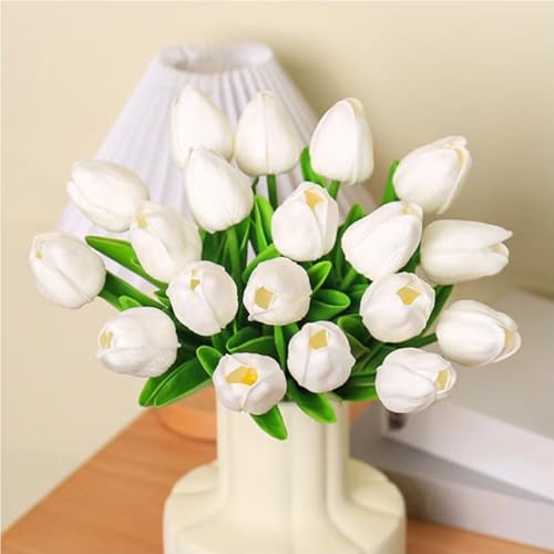 SHINE-CO LIGHTING Artificial Tulips 20Pcs Real Touch Fake Tulips PU Flower Arrangement Bouquets for Home Party Decoration (White) - Image 2
