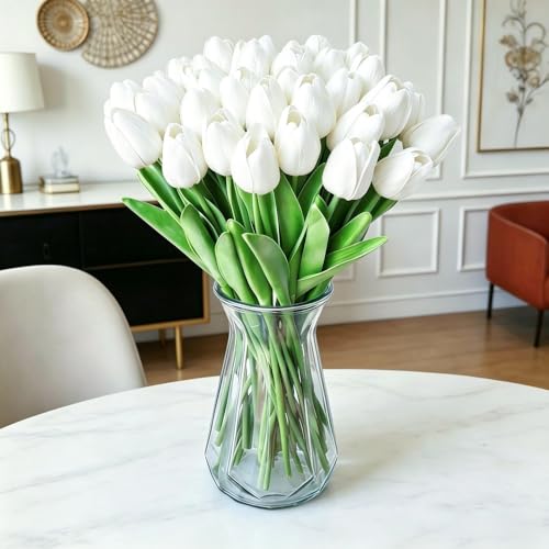 SHINE-CO LIGHTING Artificial Tulips 20Pcs Real Touch Fake Tulips PU Flower Arrangement Bouquets for Home Party Decoration (White) - Image 1