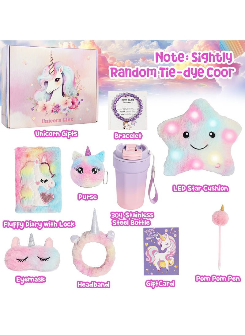 KINGMAZI Unicorns Gifts for Girls 5 6 7 8 9 10+ Years Old, Kids Unicorn Toys with Light Up Plush Star Pillow, Diary, Headband, Eye Mask, Water Bottle, Soft Plush Toys Set for Teens Birthday Gifts - Image 2