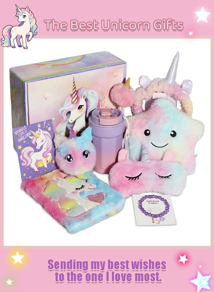 KINGMAZI Unicorns Gifts for Girls 5 6 7 8 9 10+ Years Old, Kids Unicorn Toys with Light Up Plush Star Pillow, Diary, Headband, Eye Mask, Water Bottle, Soft Plush Toys Set for Teens Birthday Gifts - Image 1